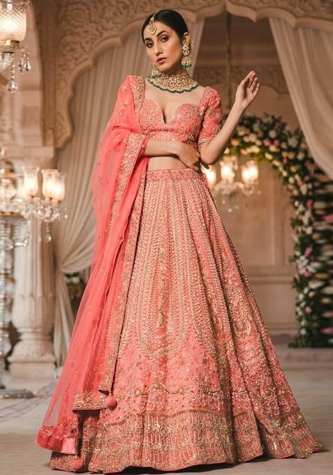 Coral Pink Embroidered Bridal Lehenga Set — view on Indya