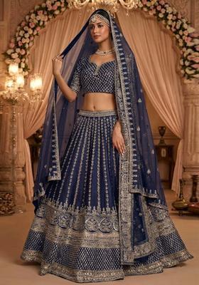 Navy Blue Embroidered Bridal Lehenga Set