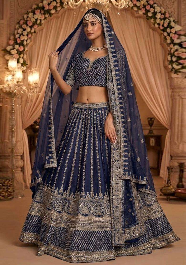 Navy Blue Embroidered Bridal Lehenga Set - Indya