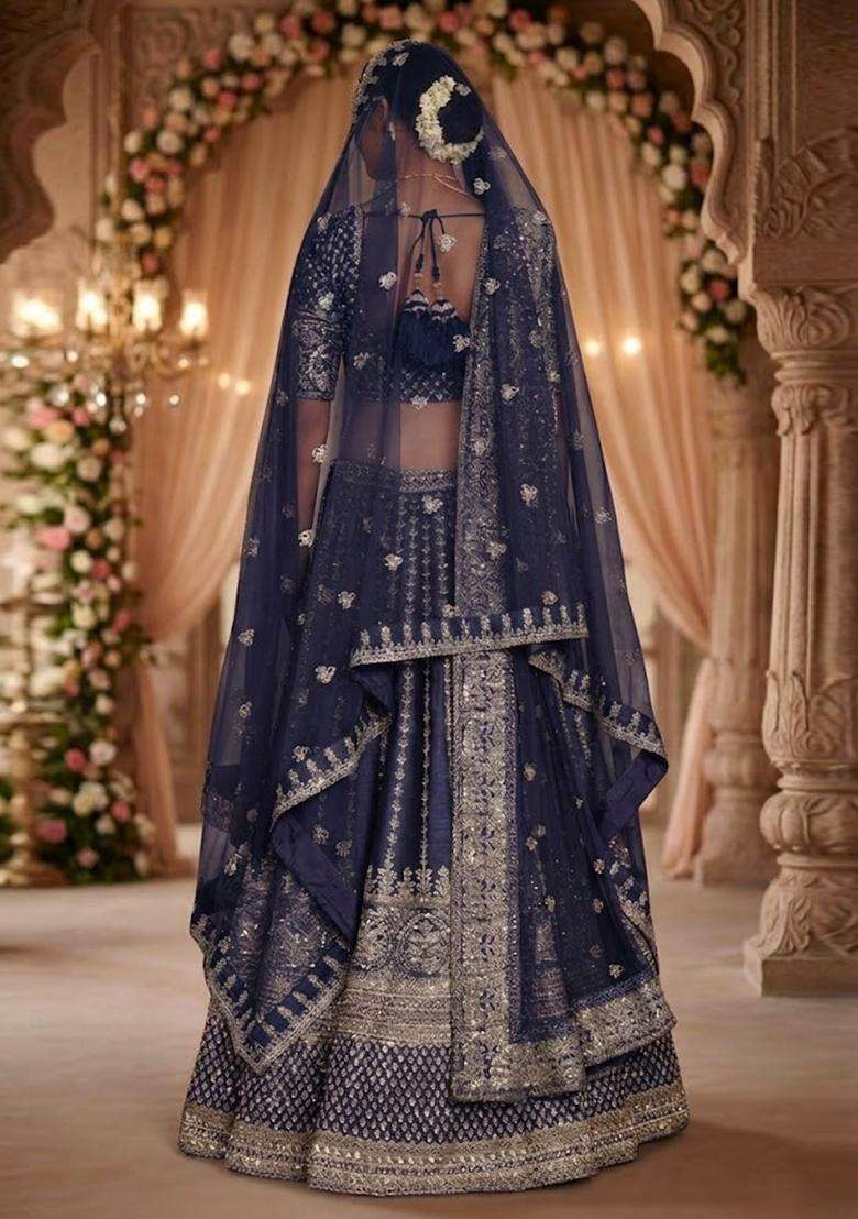 Navy Blue Embroidered Bridal Lehenga Set - Indya