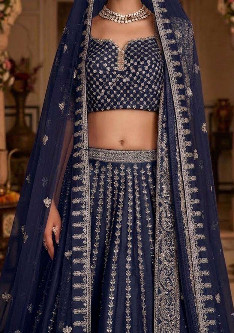 Navy Blue Embroidered Bridal Lehenga Set - Indya