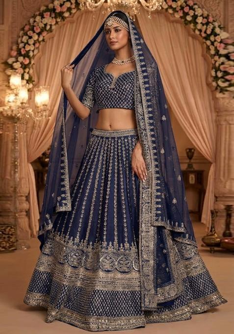Navy Blue Embroidered Bridal Lehenga Set — view on Indya
