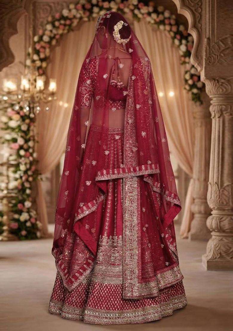 Red Embroidered Bridal Lehenga Set - Indya