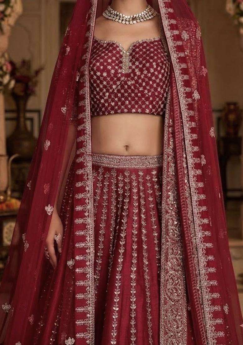 Red Embroidered Bridal Lehenga Set - Indya