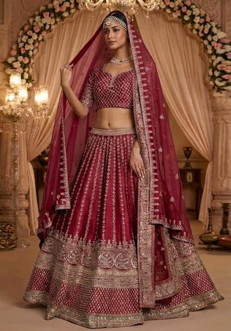 Red Embroidered Bridal Lehenga Set — view on Indya