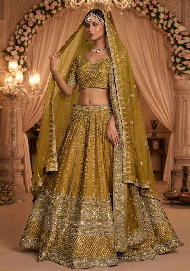 Mustard Yellow  Embroidered Bridal Lehenga Set - Indya