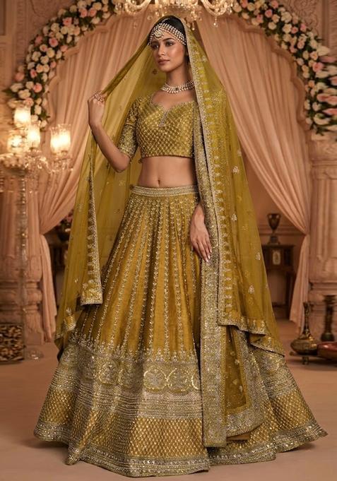 Mustard Yellow Embroidered Bridal Lehenga Set — view on Indya