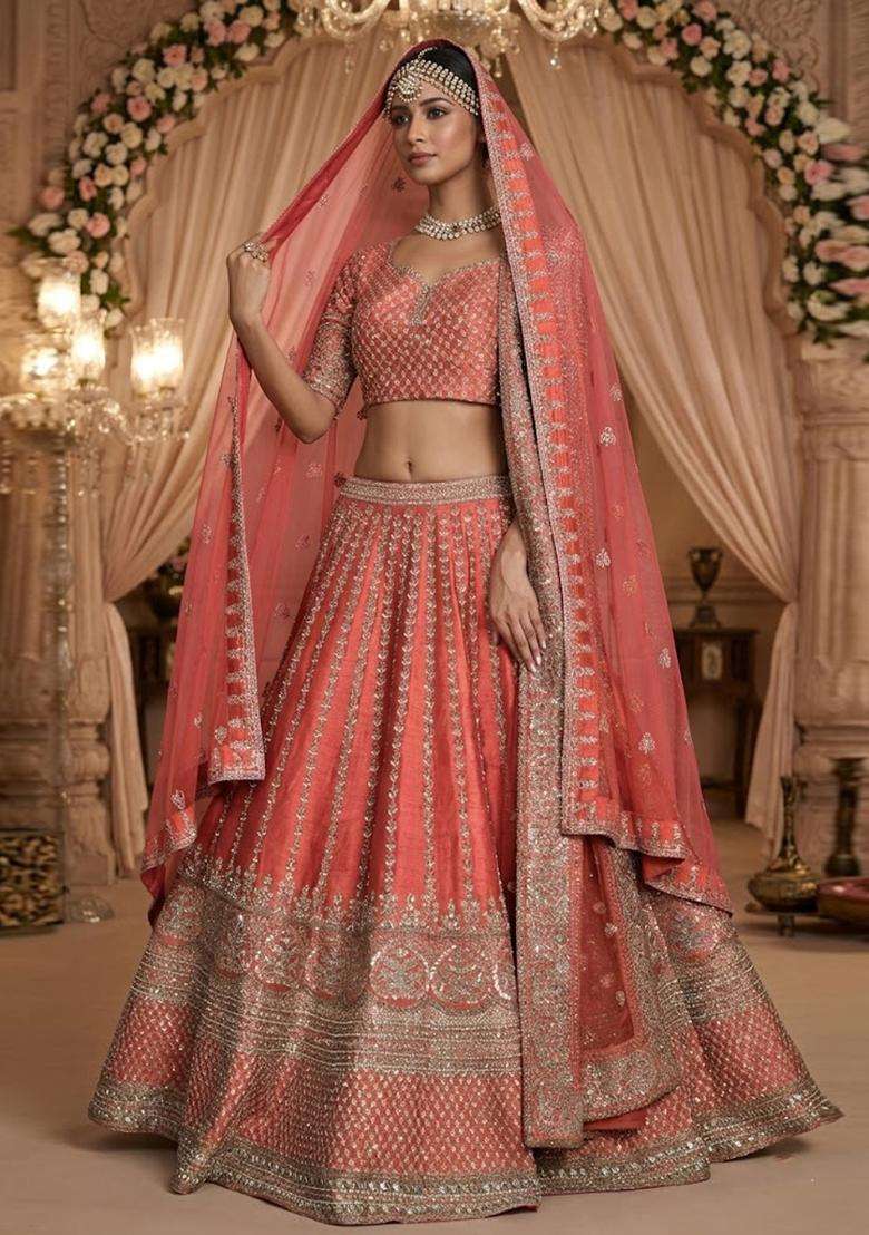 Coral Pink  Embroidered Bridal Lehenga Set - Indya