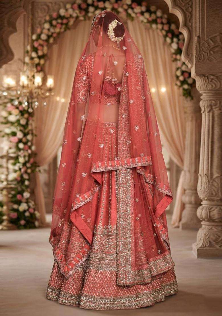 Coral Pink  Embroidered Bridal Lehenga Set - Indya