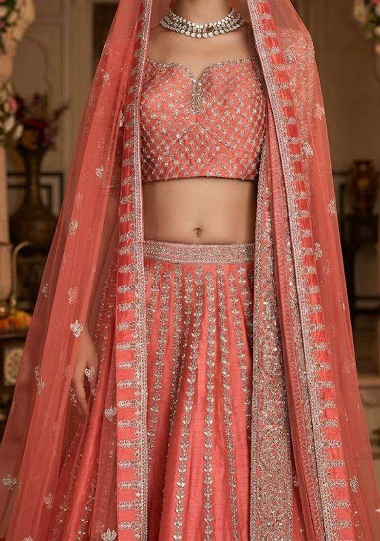 Coral Pink  Embroidered Bridal Lehenga Set - Indya