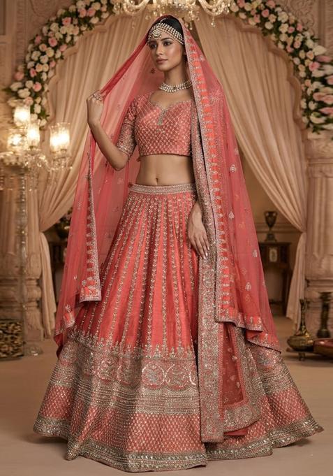 Coral Pink Embroidered Bridal Lehenga Set — view on Indya