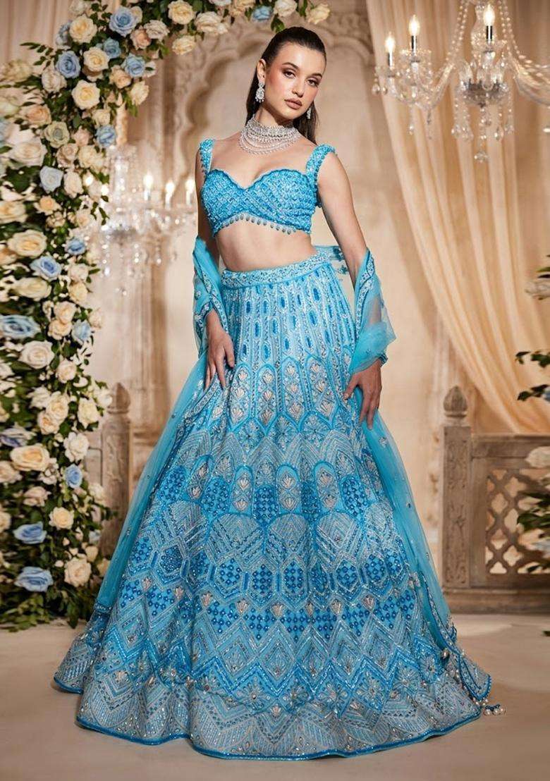 Sky Blue Embroidered Bridal Lehenga Set - Indya