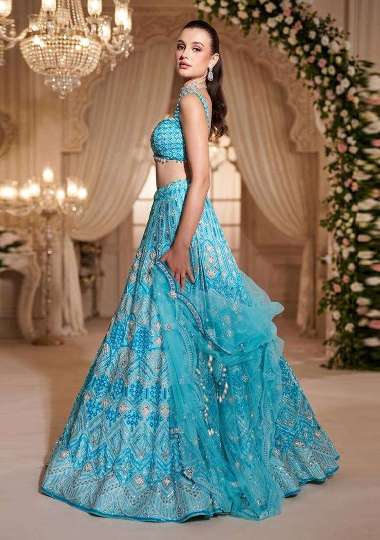 Sky Blue Embroidered Bridal Lehenga Set - Indya