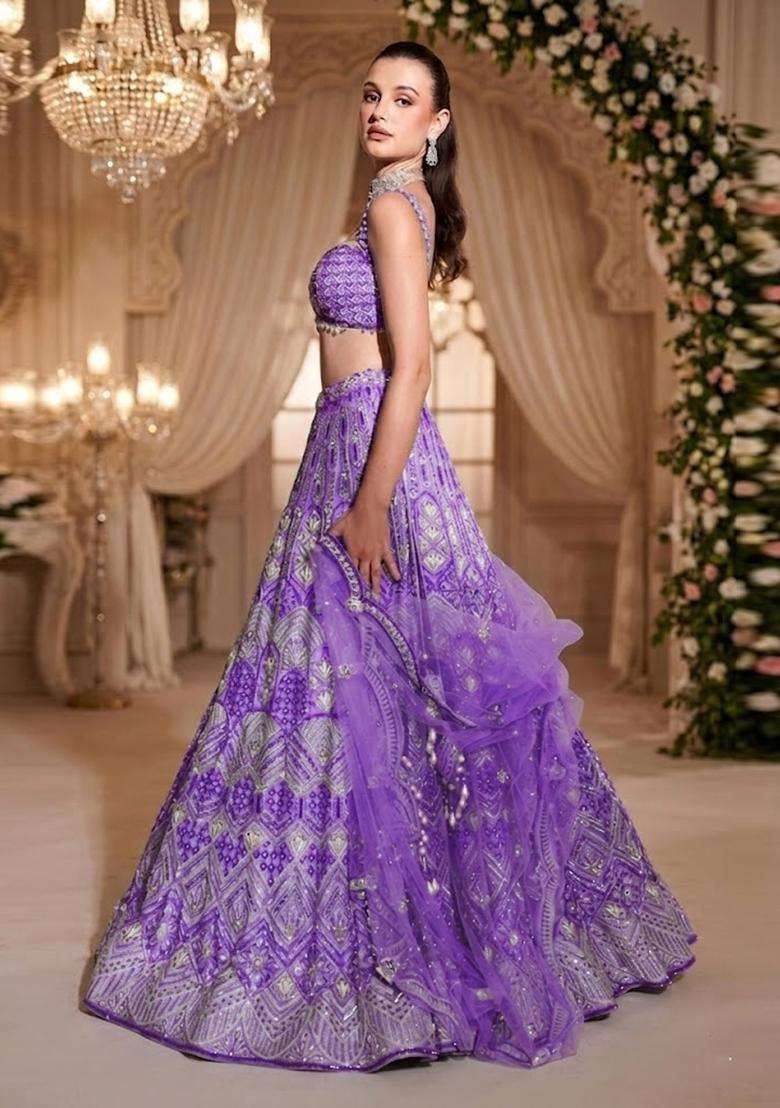 Purple Embroidered Bridal Lehenga Set - Indya