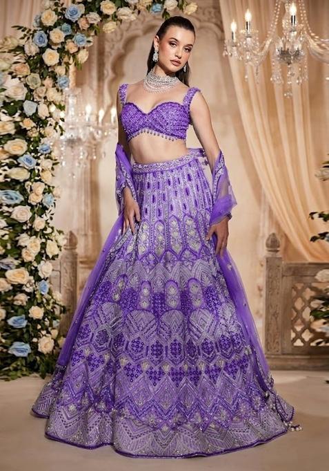 Purple Embroidered Bridal Lehenga Set — view on Indya