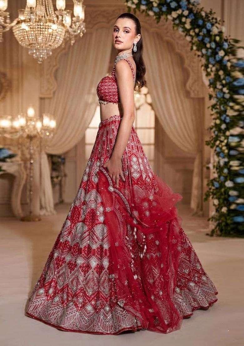 Red Embroidered Bridal Lehenga Set - Indya