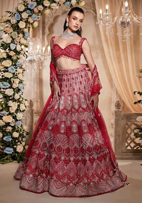 Red Embroidered Bridal Lehenga Set — view on Indya