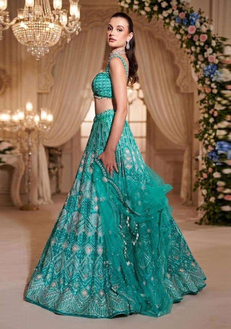 Teal Green Embroidered Bridal Lehenga Set - Indya