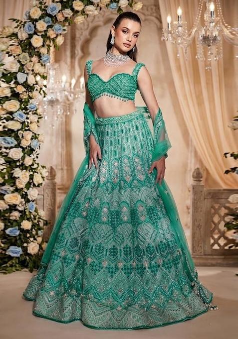 Teal Green Embroidered Bridal Lehenga Set — view on Indya