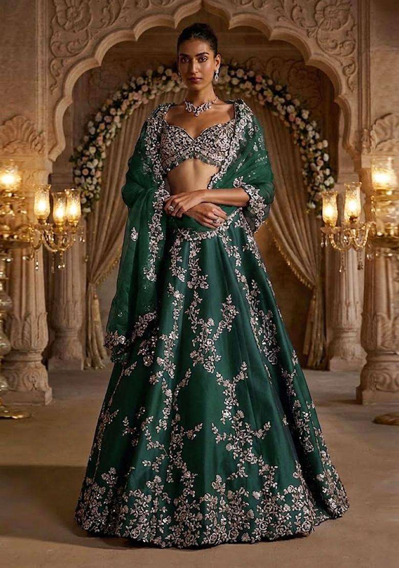 Emerald Green Embroidered Bridal Lehenga Set - Indya