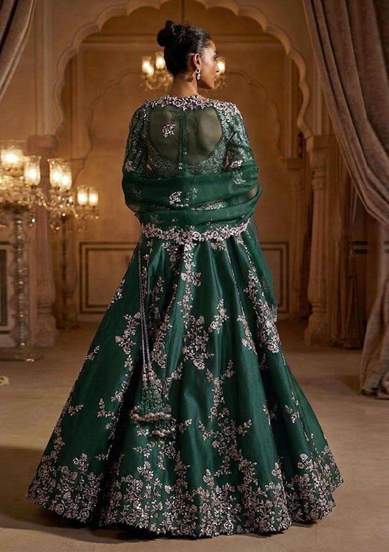 Emerald Green Embroidered Bridal Lehenga Set - Indya