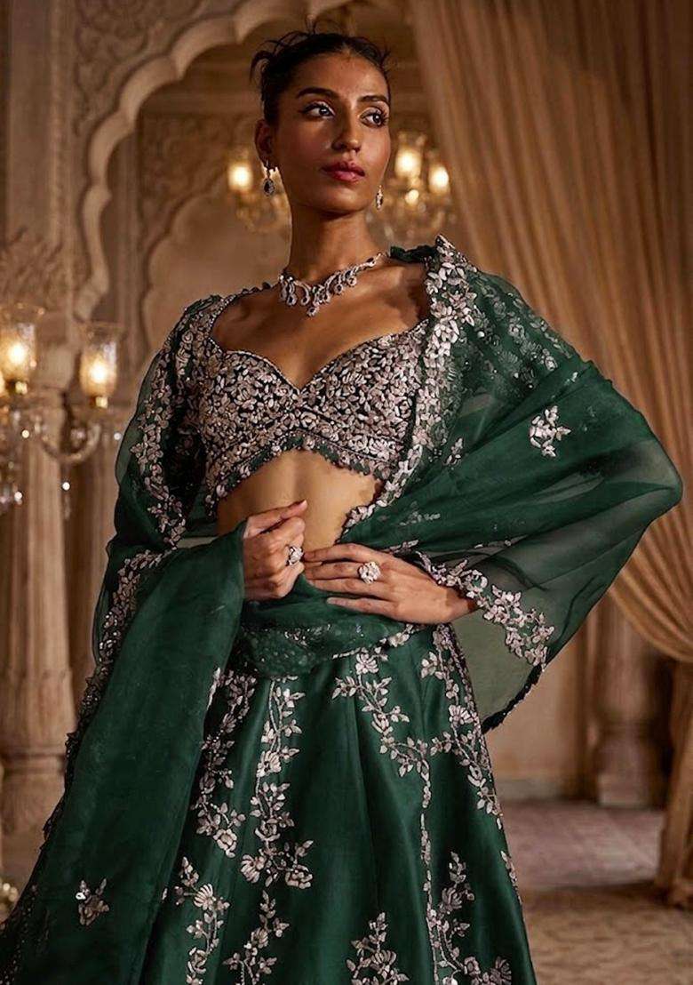 Emerald Green Embroidered Bridal Lehenga Set - Indya