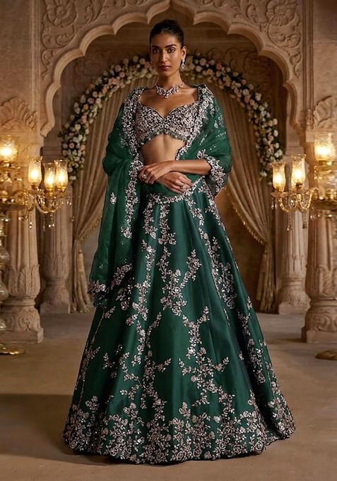 Emerald Green Embroidered Bridal Lehenga Set — view on Indya