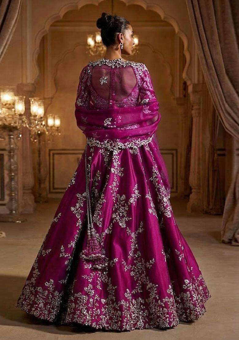 Magenta Embroidered Bridal Lehenga Set - Indya