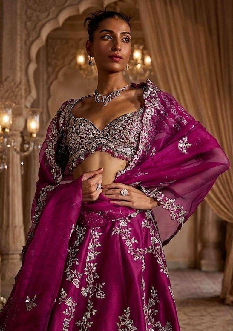 Magenta Embroidered Bridal Lehenga Set - Indya
