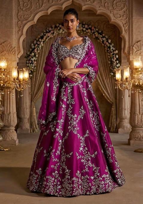 Magenta Embroidered Bridal Lehenga Set — view on Indya