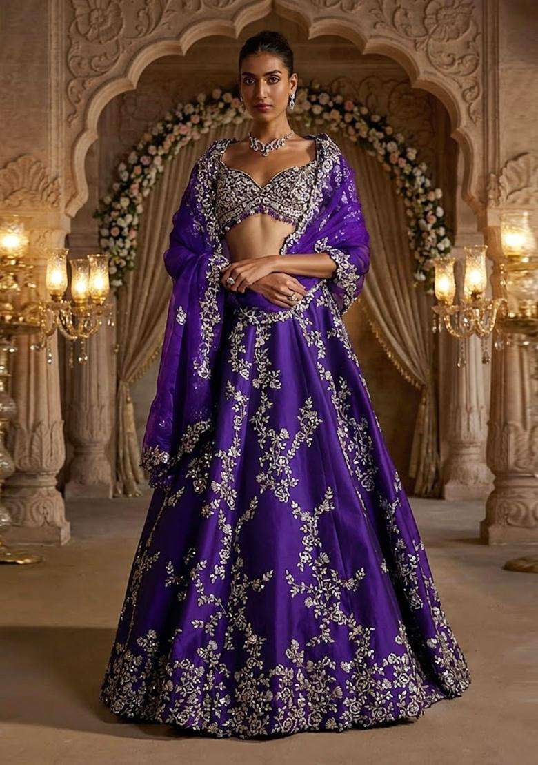 Purple Embroidered Bridal Lehenga Set - Indya