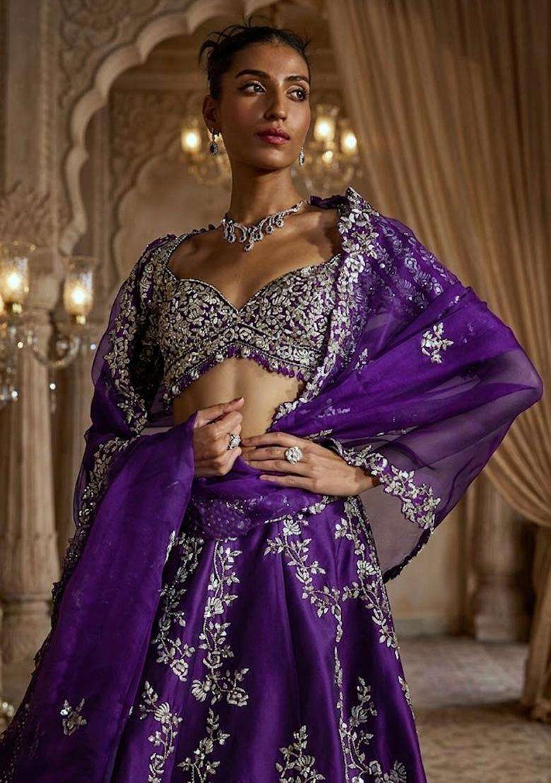 Purple Embroidered Bridal Lehenga Set - Indya