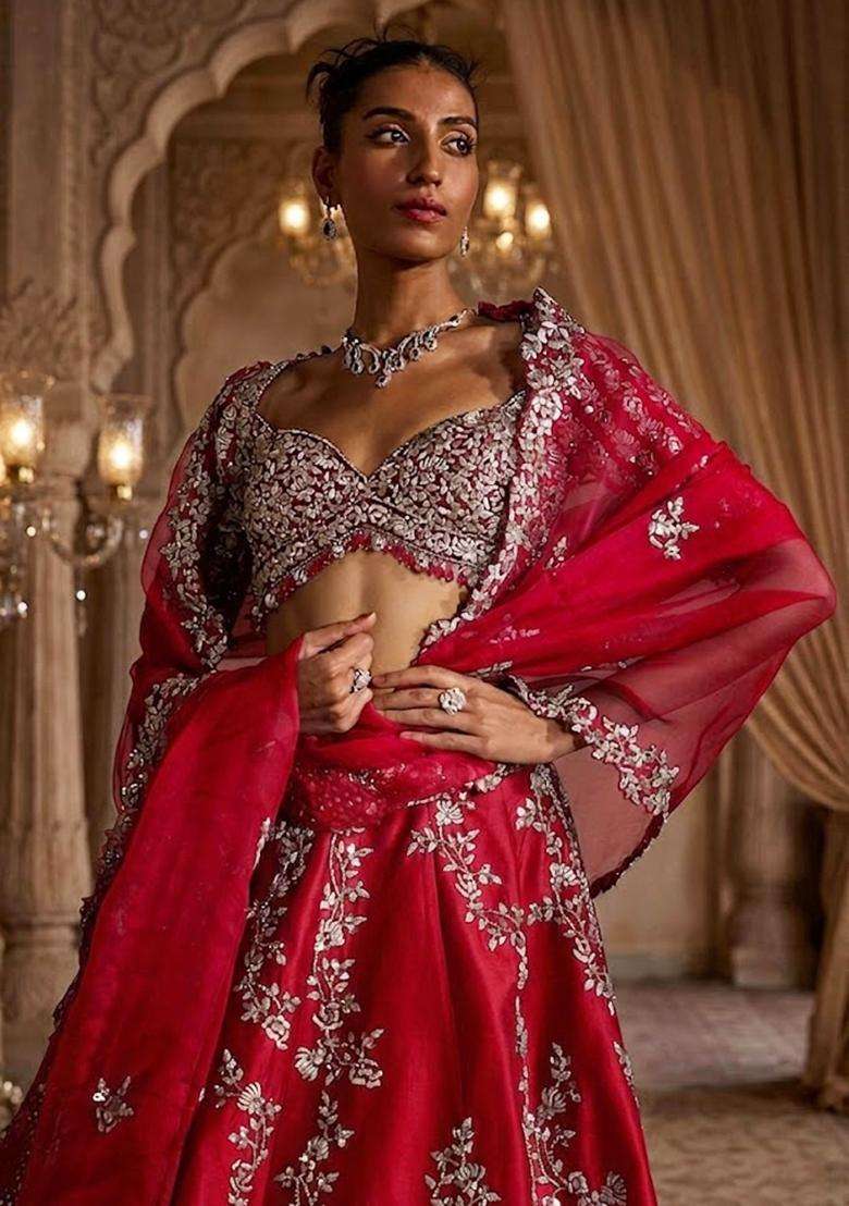 Deep Red Embroidered Bridal Lehenga Set - Indya