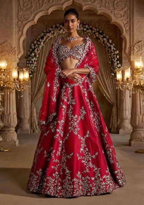 Deep Red Embroidered Bridal Lehenga Set — view on Indya