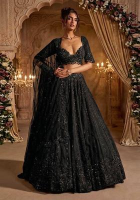 Jet Black Embroidered Bridal Lehenga Set