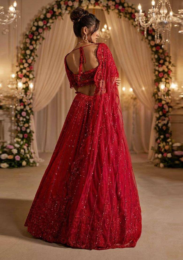 Deep Red Embroidered Bridal Lehenga Set - Indya