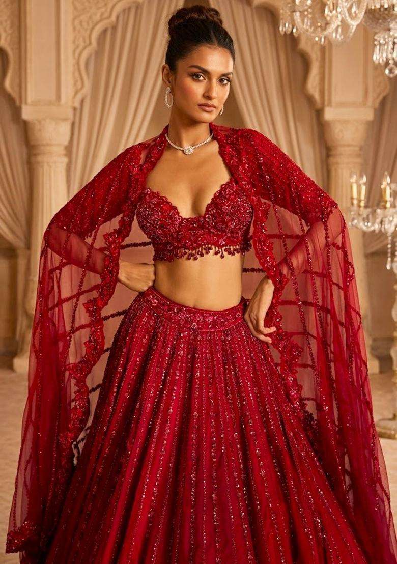 Deep Red Embroidered Bridal Lehenga Set - Indya