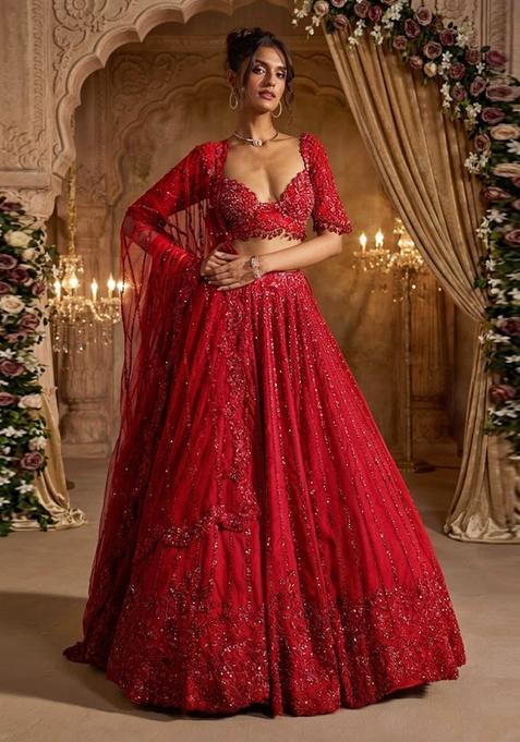 Deep Red Embroidered Bridal Lehenga Set — view on Indya