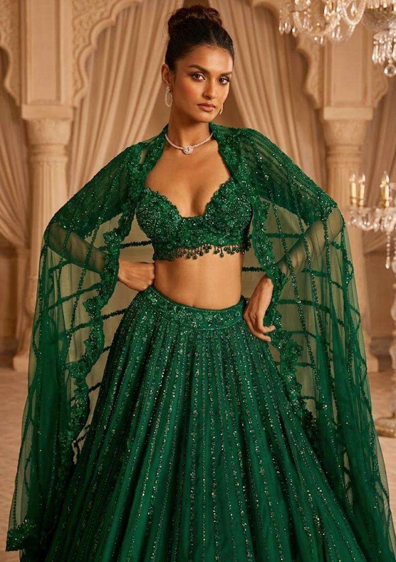 Emerald Green Embroidered Bridal Lehenga Set - Indya