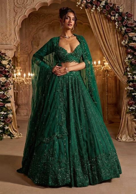 Emerald Green Embroidered Bridal Lehenga Set — view on Indya