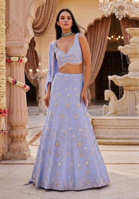 Lavendar Embroidered Bridal Lehenga Set — view on Indya