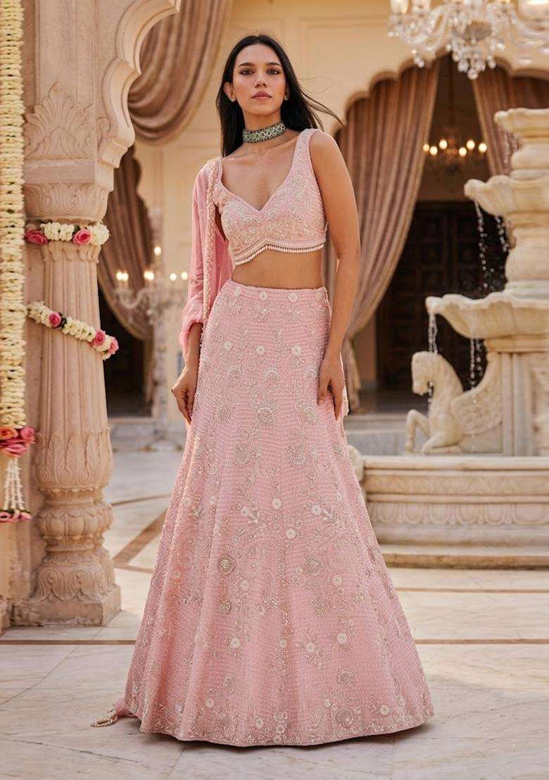 Rose Pink Embroidered Bridal Lehenga Set - Indya