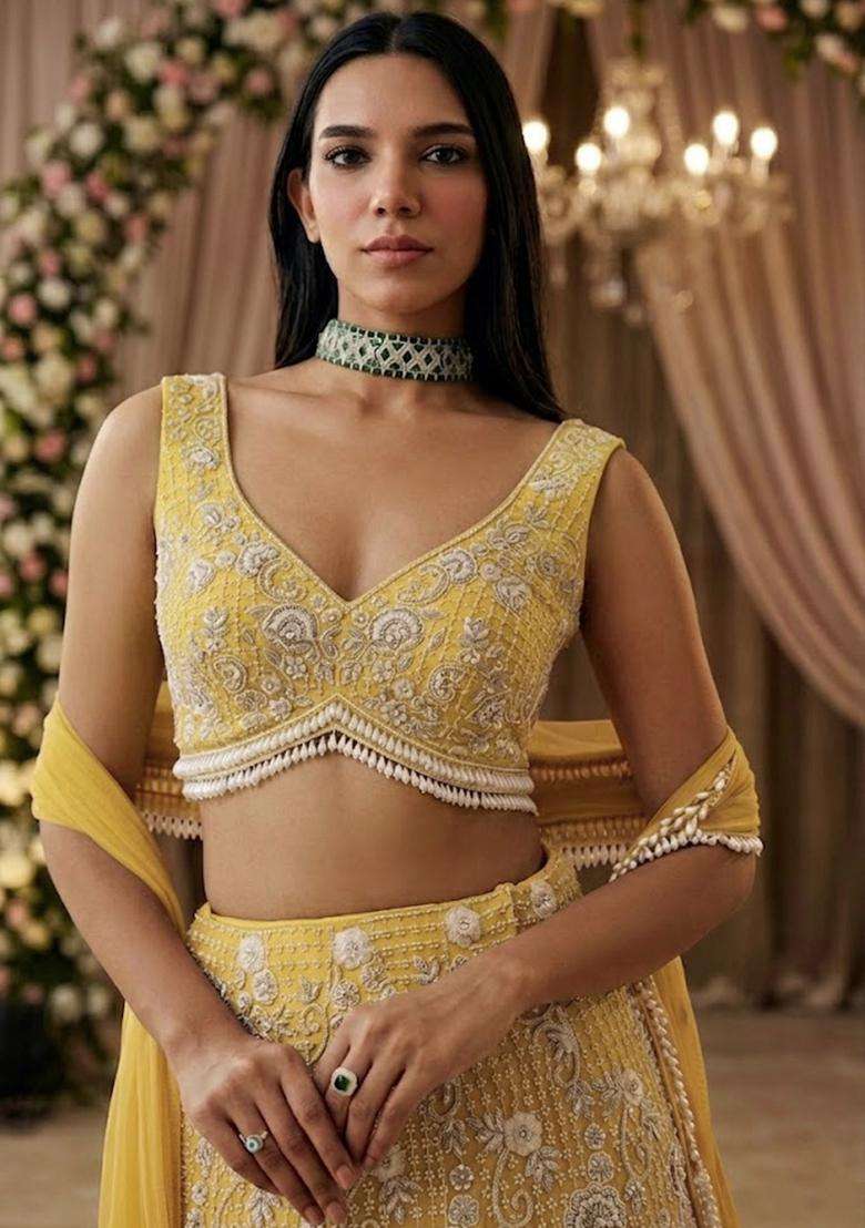 Yellow  Embroidered Bridal Lehenga Set - Indya