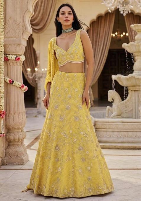 Yellow Embroidered Bridal Lehenga Set — view on Indya