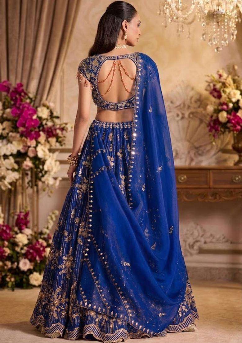 Royal Blue Embroidered Bridal Lehenga Set - Indya