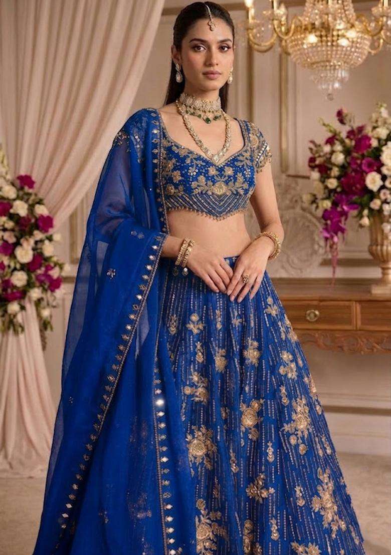 Royal Blue Embroidered Bridal Lehenga Set - Indya