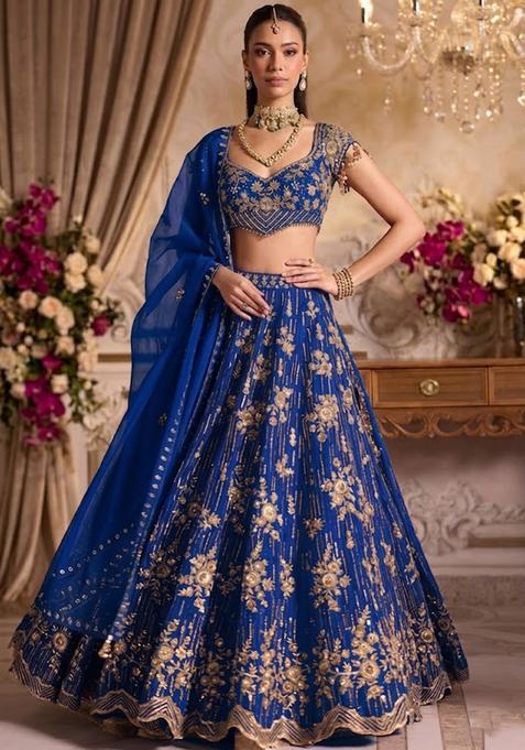 Royal Blue Embroidered Bridal Lehenga Set — view on Indya
