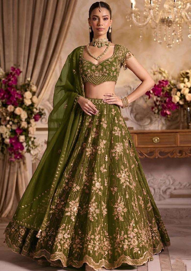 Olive Green Embroidered Bridal Lehenga Set - Indya
