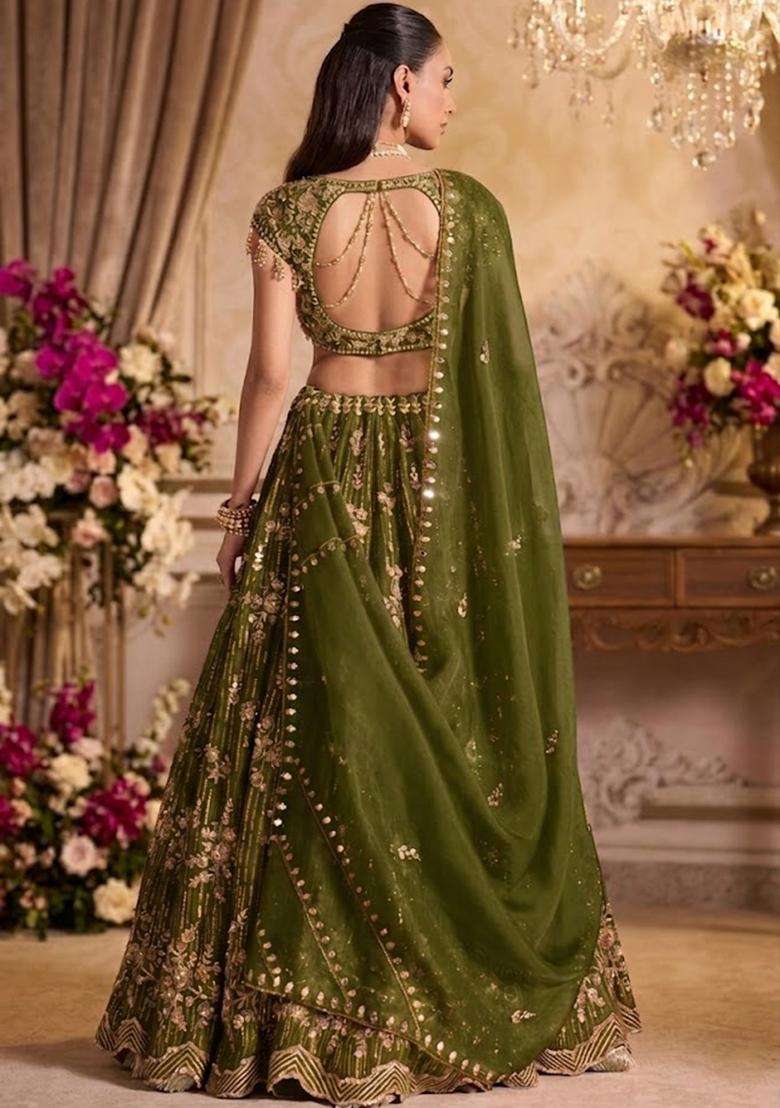 Olive Green Embroidered Bridal Lehenga Set - Indya