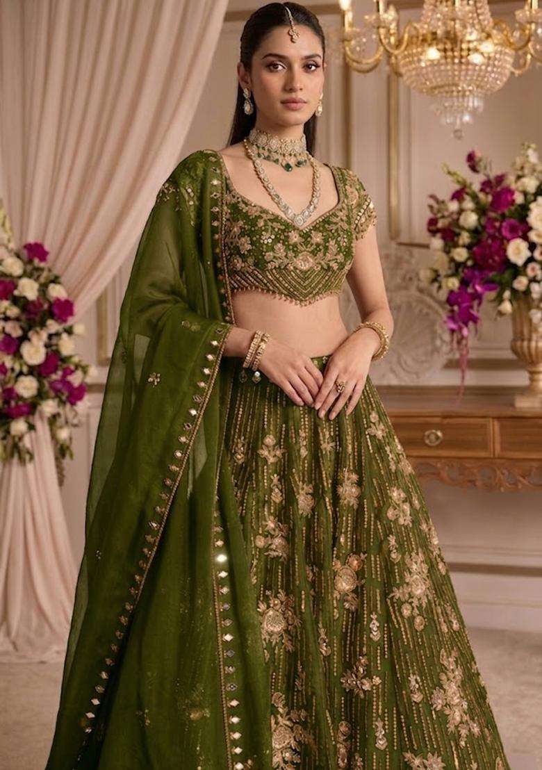 Olive Green Embroidered Bridal Lehenga Set - Indya